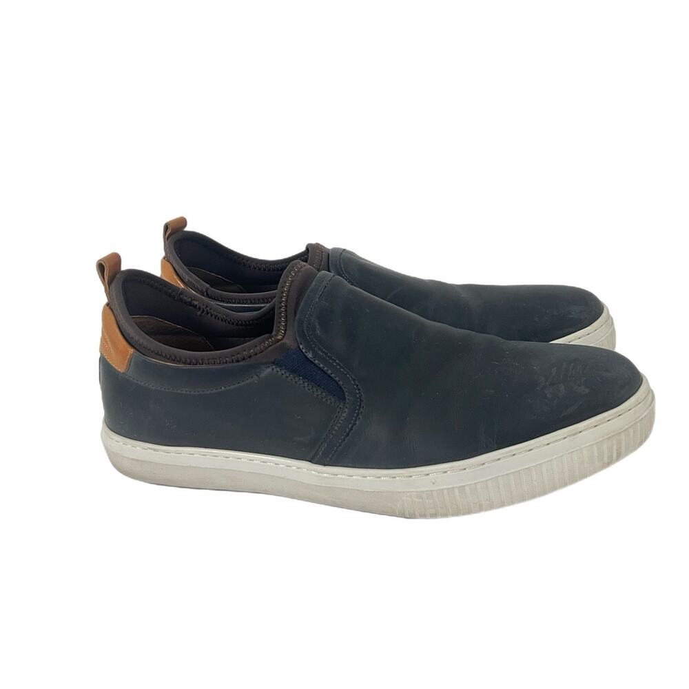 J&M 1850 Leather Slip On Sneakers Men’s SIZE 10.5 Navy With Brown Trim Comfort